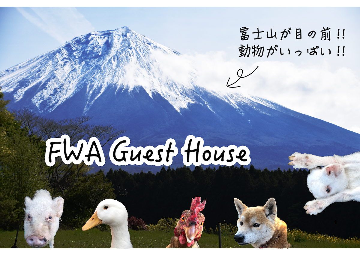 The image features a majestic view of Mount Fuji in the background, framed by a lush green landscape. Various friendly animals, including a pig, duck, chicken, and fox, are positioned at the forefront, showcasing the natural surroundings and wildlife in the area.