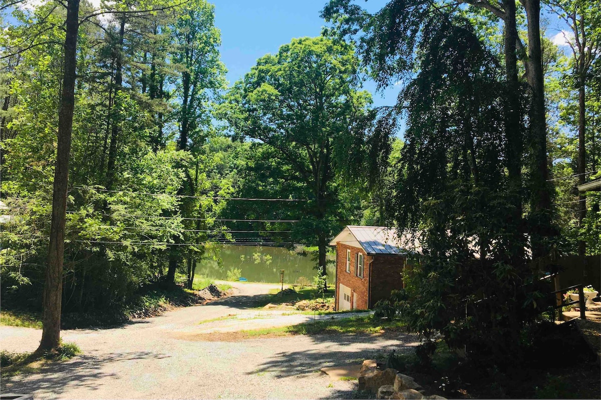 A view of a tranquil pond surrounded by lush trees is depicted. A rustic wooden cottage is positioned nearby, with a clear gravel path leading to it. The bright blue sky and greenery create a serene outdoor setting.