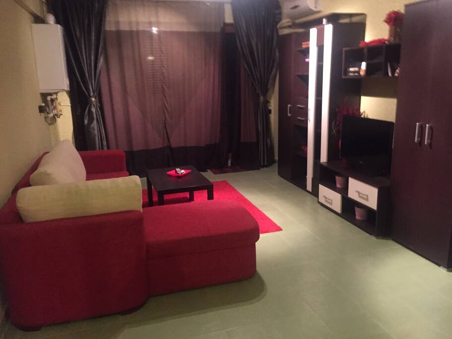 Living room with sofa bed, TV, AC, balcony