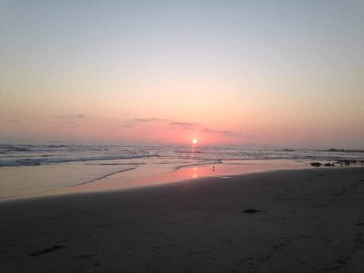A serene beach view captures a gentle sunset, with soft pink and orange hues reflecting on the calm ocean surface. The sandy shore is visible, leading to gentle waves kissing the beach, creating a tranquil atmosphere.