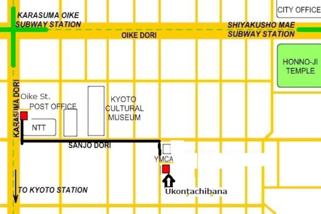 From subway Karasuma line Oike station to Ukontachibana apartment.
地下鉄御池駅より