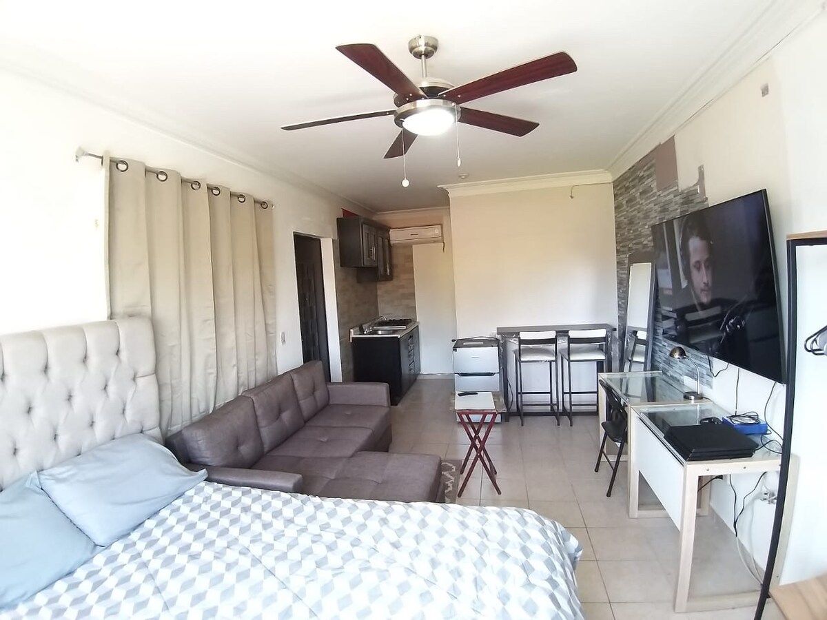 A well-laid-out studio apartment features a spacious sleeping area with a comfortable bed and plush bedding. A seating area includes a sectional couch. A modern kitchen area is visible in the background, while a dining space is presented with a set of chairs and a table. Large windows allow natural light.