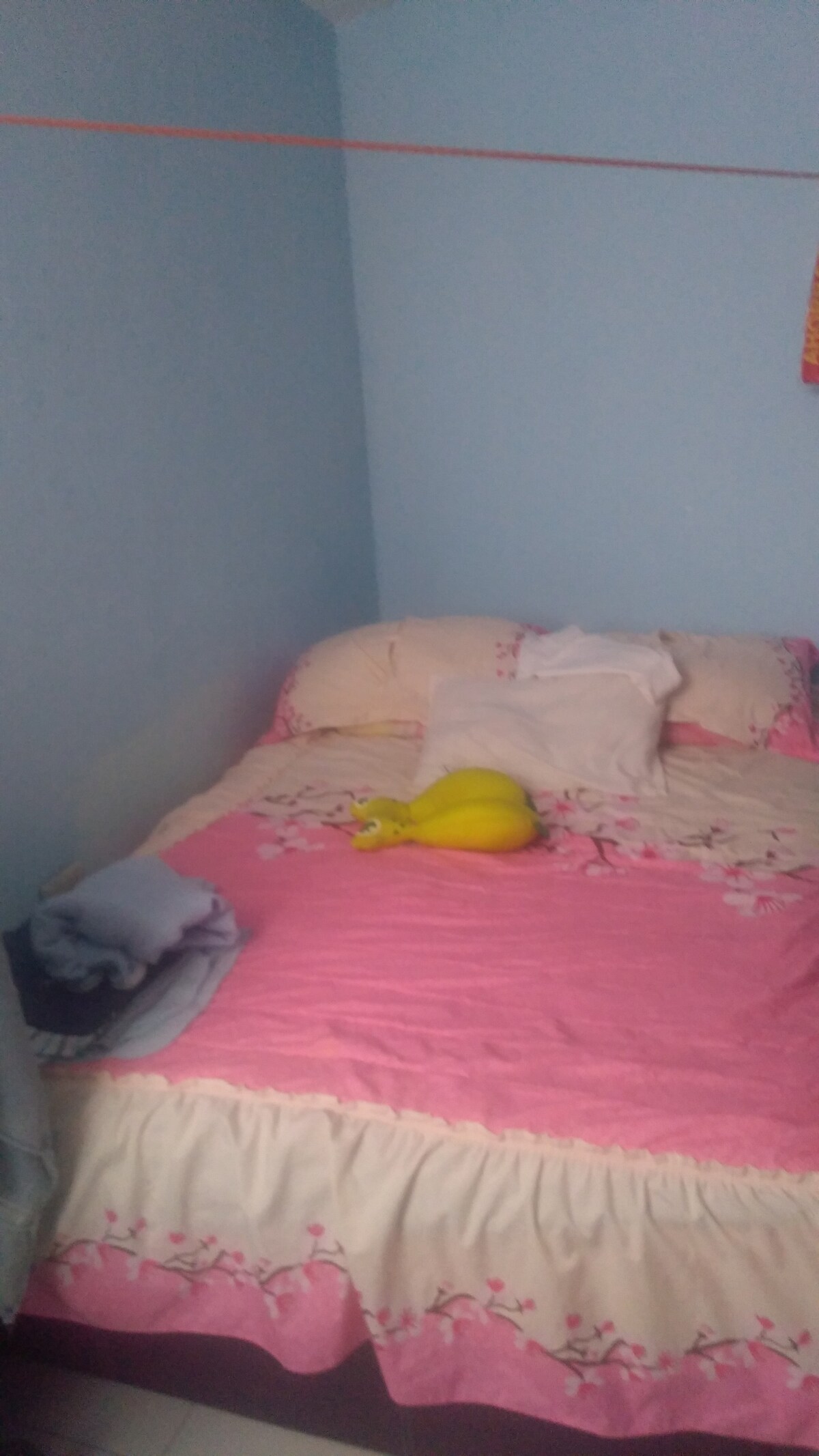 A bed with a floral-patterned pink coverlet is centered in the room, accompanied by several pillows and a yellow decorative object. Light blue walls create a serene backdrop, and folded blankets are neatly placed at the foot of the bed.
