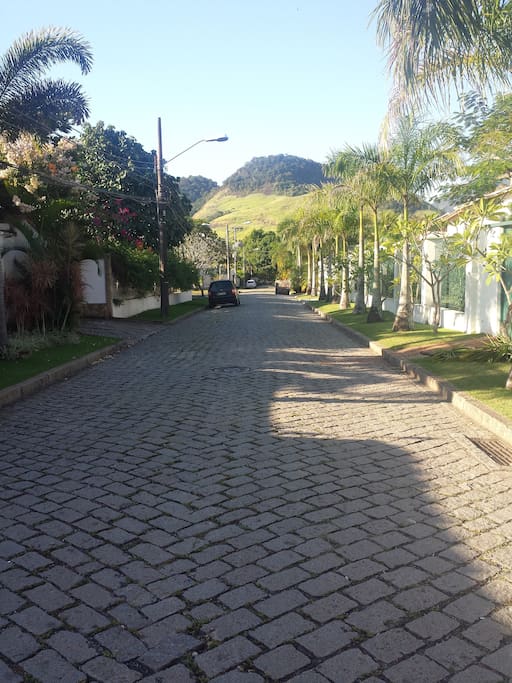 Rua tranquila, arborizada e com vagas para carro.