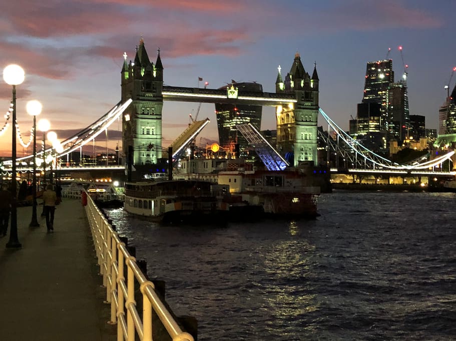 Tower bridge opening most 15-20 mins this taken on Halloween .
2 mins stroll from apartment.