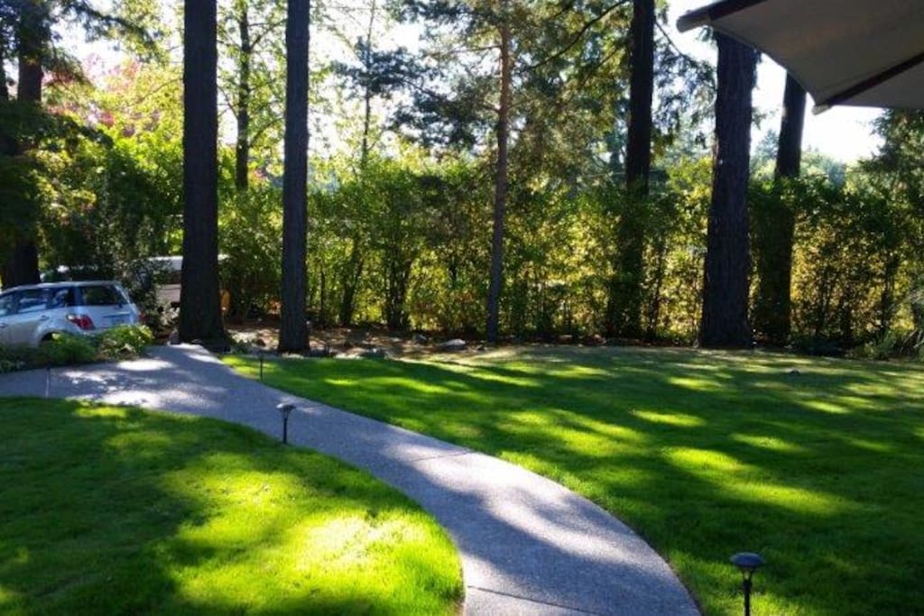Shared front yard leading down to parking place