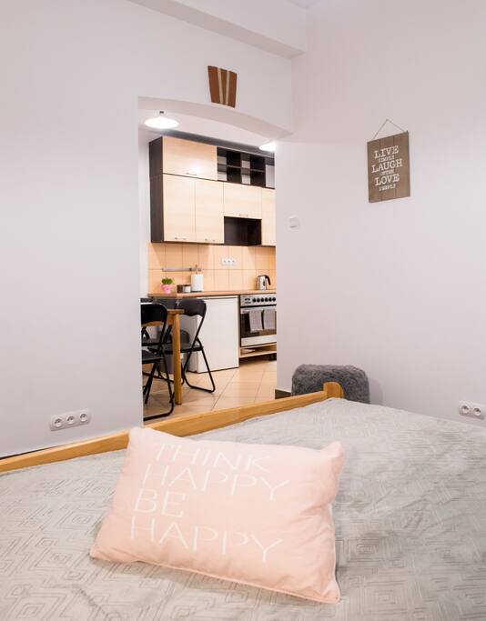 living room, bedroom, kitchen