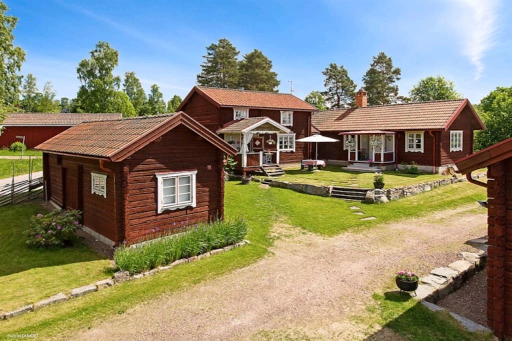 Birdview of Ekgården - Main House in the middle and to the right, Small Cabin to the left
