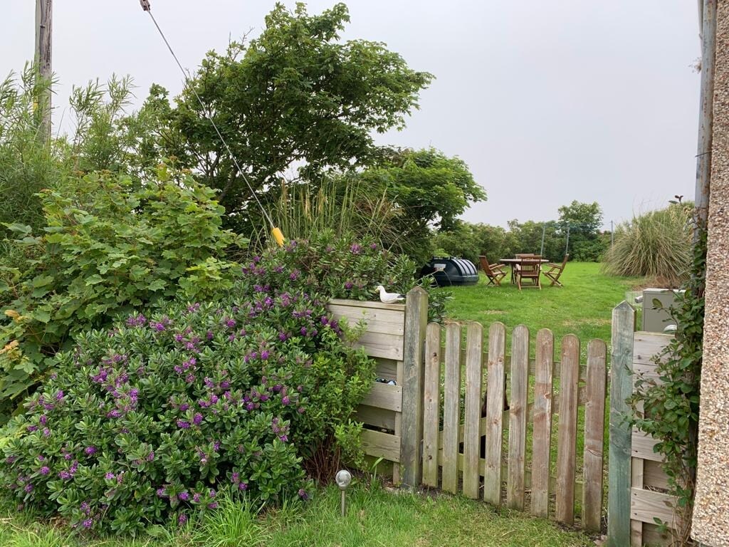 A wooden gate opens to a lush garden, framed by greenery and flowering shrubs. A picnic table and benches are visible in the distance, surrounded by a manicured lawn. The area is filled with various plants, creating a serene and natural environment.