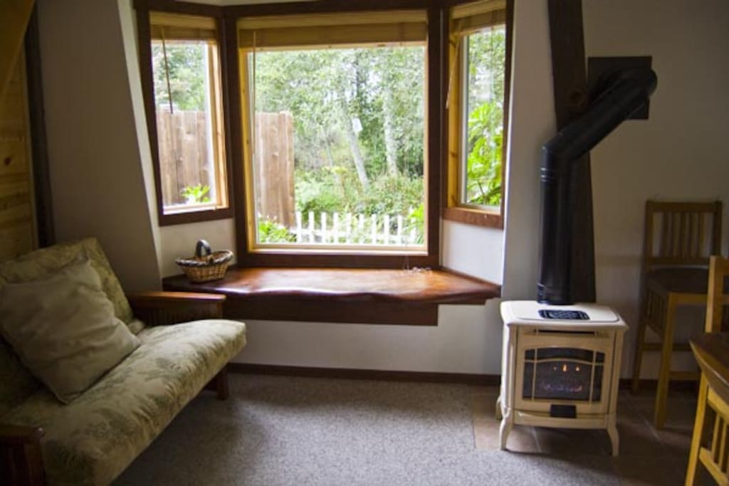 Redwood window seat with views of the private garden.