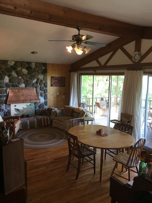 Gorgeous stone hearth, wood floors, vintage and heirloom family furniture.