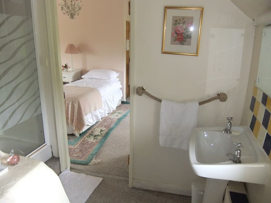 Private shower room, with electric shower, basin & loo.