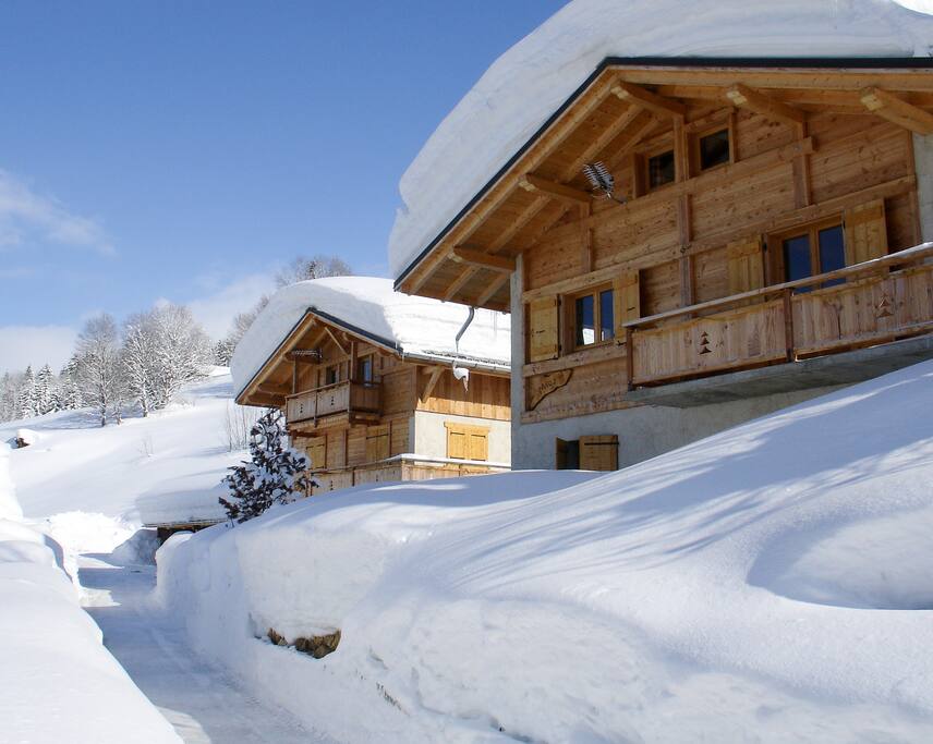 En hiver retour à ski depuis les pistes de l'Espace Diamant.
