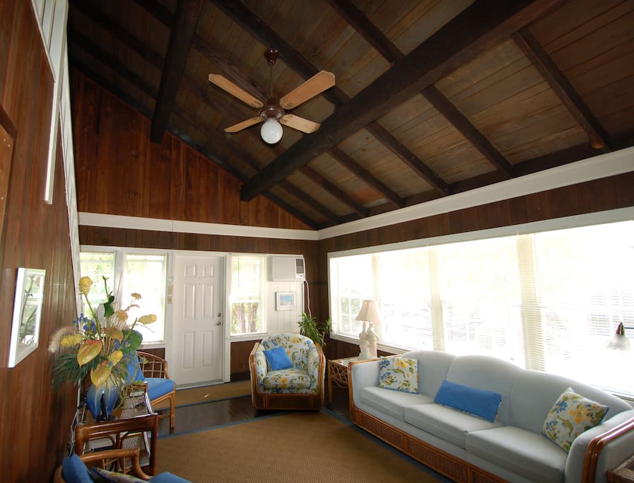 Living room with beam ceiling