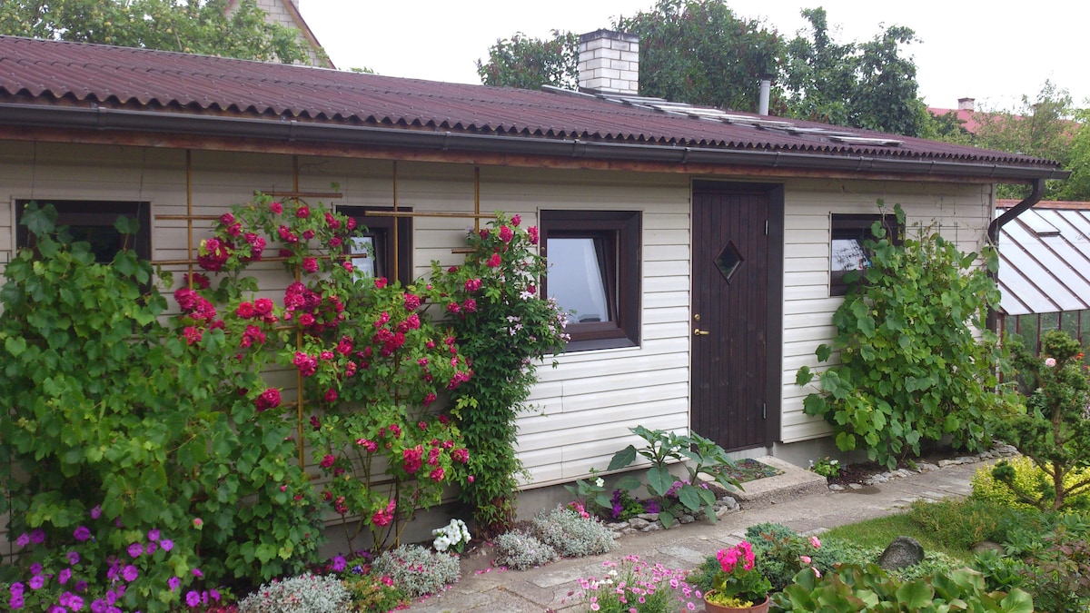 A small guesthouse exterior is showcased, featuring a welcoming entrance door with a diamond-shaped window. Lush greenery and vibrant flowers frame the walls, while a stone pathway leads to the entrance. The roof is gently sloped, and nearby trees provide a natural backdrop.
