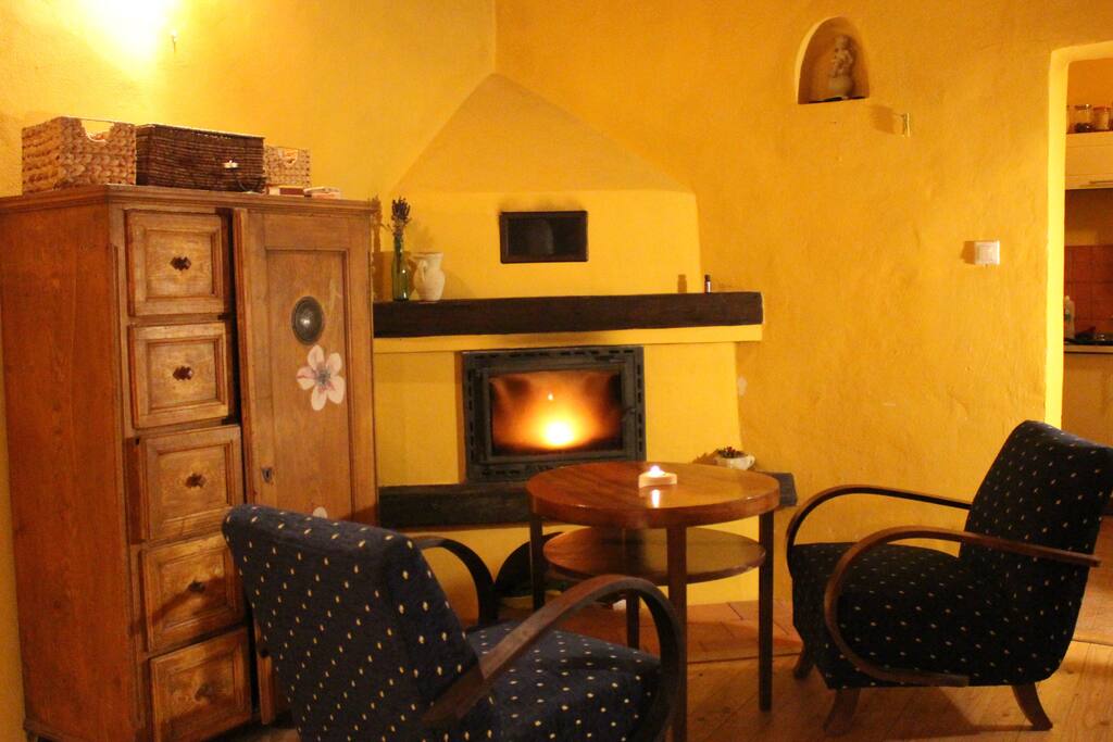 sitting and fireplace