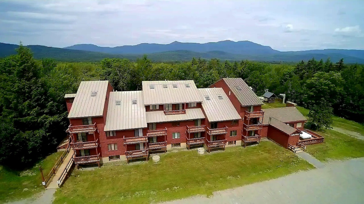 The image shows a three-story red-brick condominium building nestled in a green landscape. Balconies adorn the exterior, providing scenic views of the surrounding mountains and trees. The sky is partly cloudy, with distant mountains framing the background.