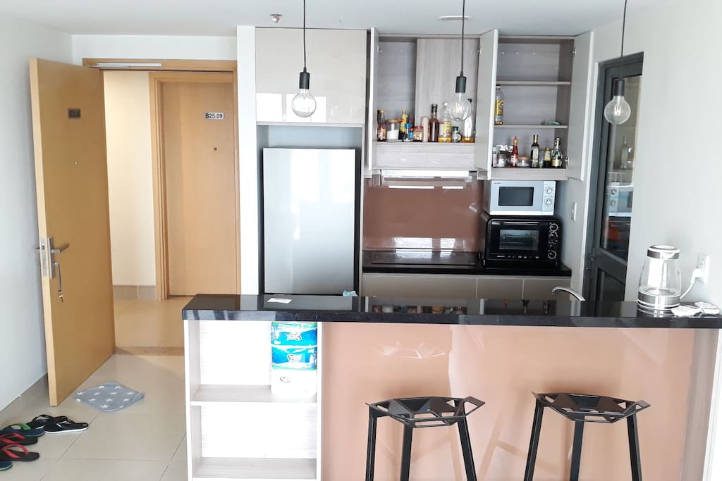 Kitchen with full equipments.
From knife, spoon, dishes,...
To other ingredients for cooking.