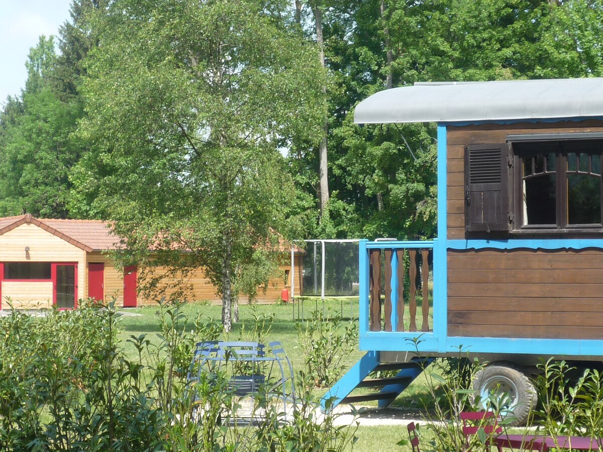 A charming wooden cabin is positioned among lush greenery, featuring a blue-trimmed exterior and a staircase leading up to a raised deck. In the background, another structure can be seen, surrounded by trees, providing a serene natural environment.