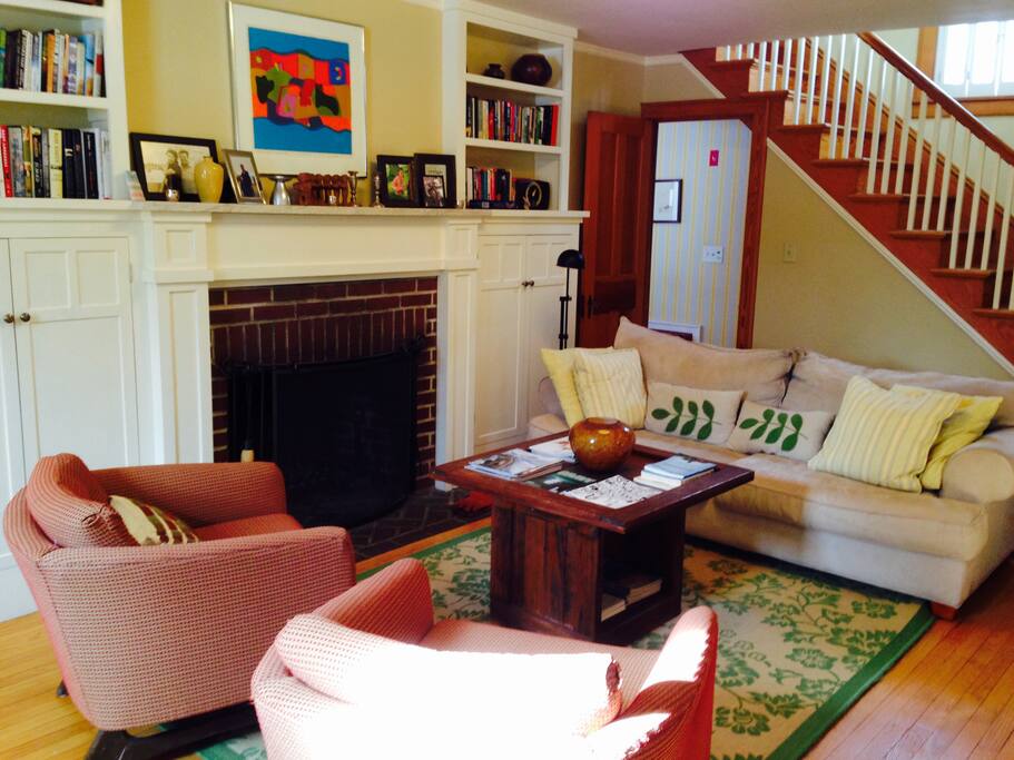 Living room with working fireplace.