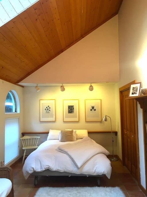 second bedroom downstairs with a queen bed, closet, desk