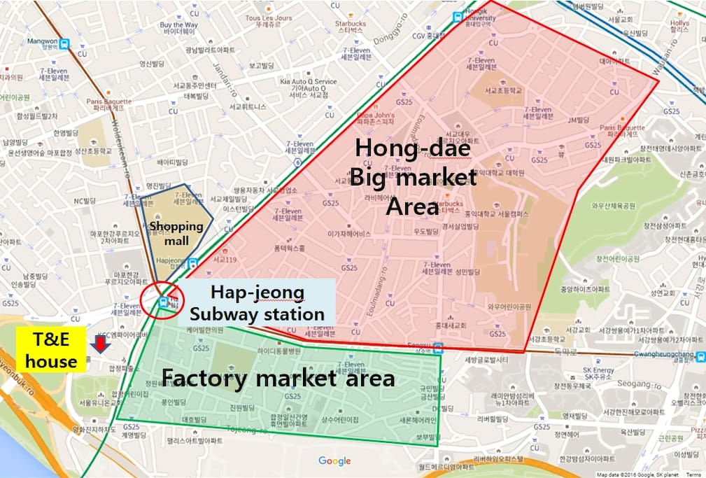 T&E location (230m from subway station very close), big shopping mall(messena police), close to hong dae market area &Han river