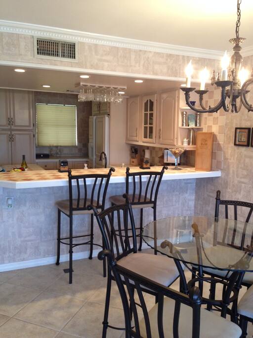 Large kitchen with island and seating.