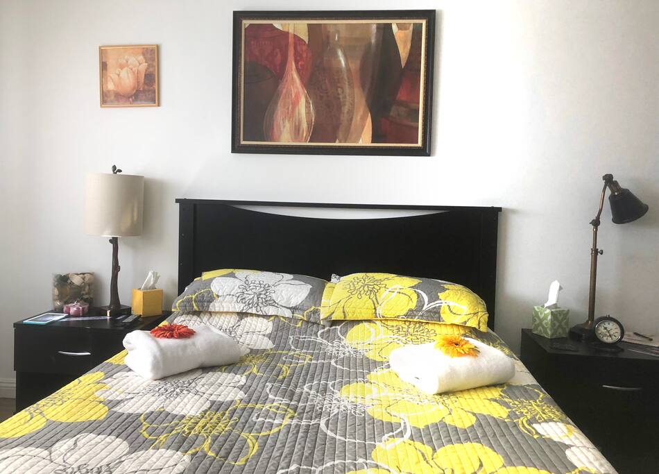 100% cotton sheets and queen size bed. We change the comforter frequently so it might not be the one you see in the picture, but it will definitely be a cute looking one.