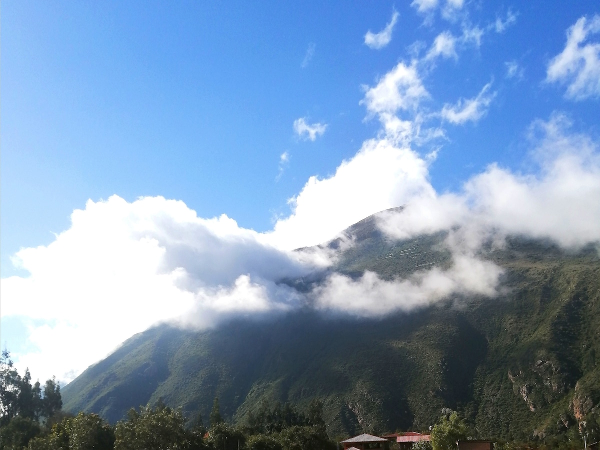 Majestic mountains rise against a clear blue sky, partially covered with white clouds. Lush greenery is visible in the foreground, providing a vibrant contrast to the landscape. The scene captures the serene beauty of the natural environment surrounding the property.