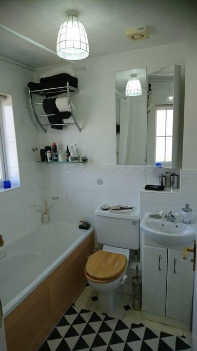 Bathroom. Guests take prioty as I shower at work.