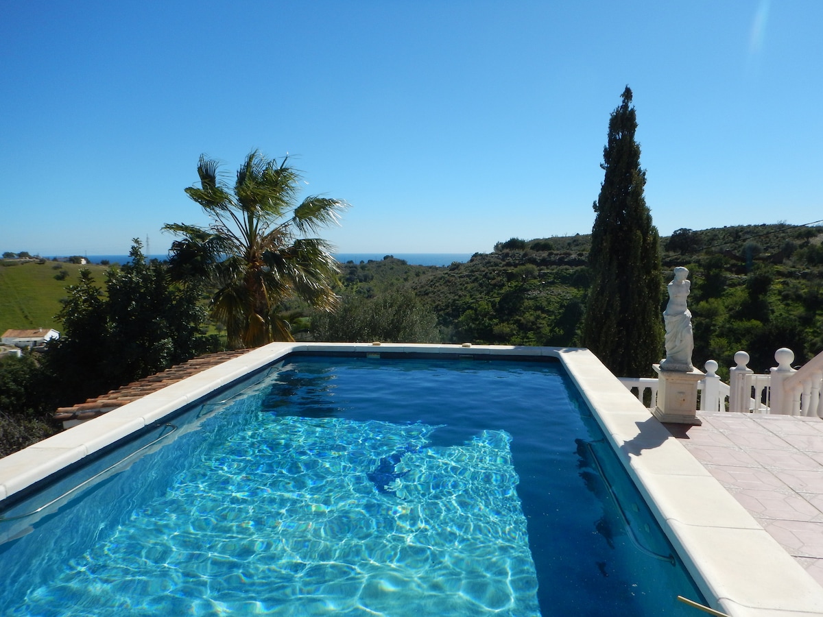 A private pool is set against a backdrop of hills and the sea. The clear blue water glistens under bright sunlight, while lush greenery and palm trees frame the scene. The well-maintained pool area features a light-colored coping and elegant statues, enhancing the tranquil environment.