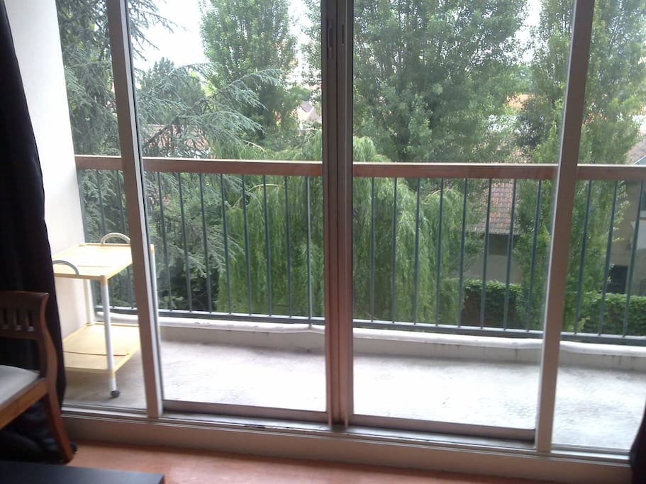 Balcon sans vis à vis. Vue : parcs et verdure. Super calme aucune voiture autorisé à circuler dans la petite rue sécurisé du dessous.