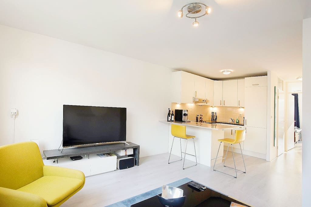 The living space and kitchen