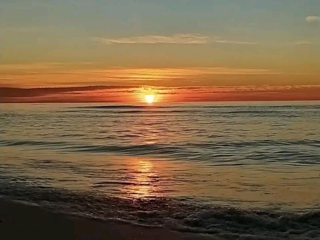 A sunset is portrayed over calm waters, casting orange and yellow hues across the sky. Gentle waves lap at the shoreline, reflecting the vibrant colors above. The horizon showcases a peaceful transition from day to night, enhancing the serene coastal atmosphere.