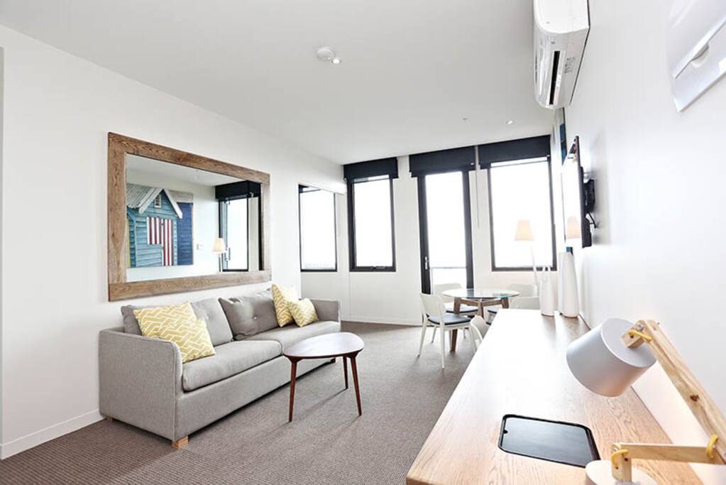 Spacious open plan living overlooking the bay