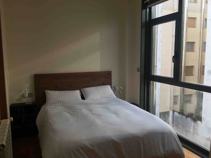 Bedroom with a double bed, a walk-in closet and a full bathroom.