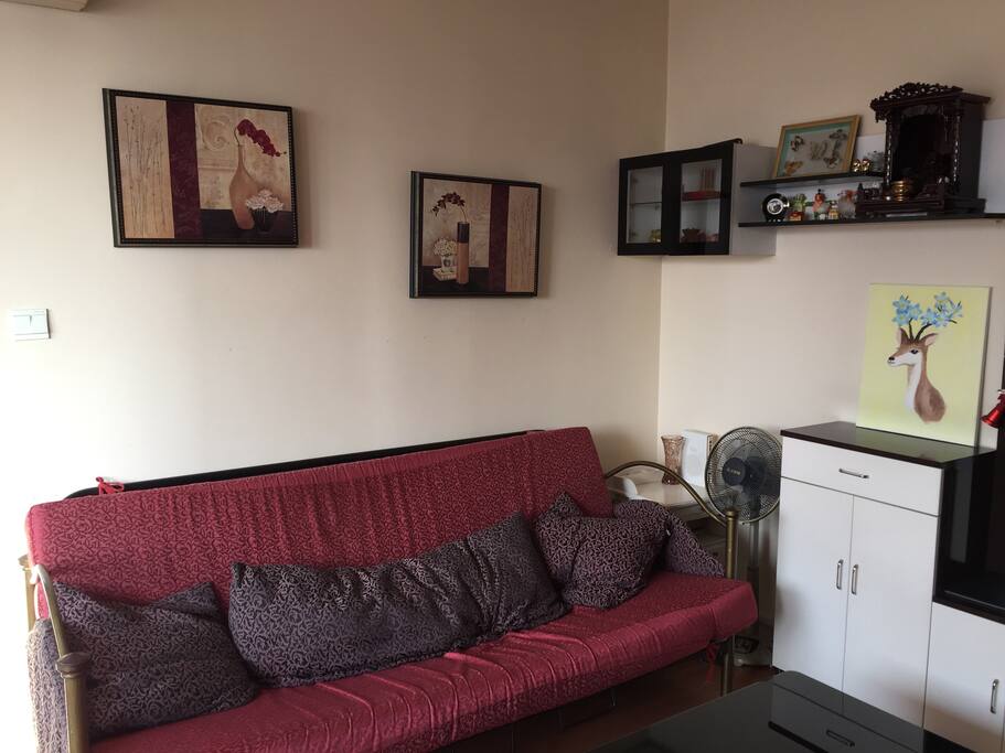 客厅沙发床及入门鞋柜。
Sofa bed and shoecase
