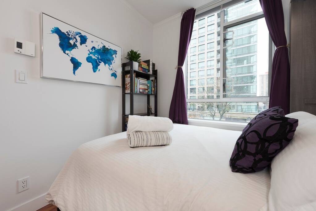 Bright room with blackout curtains. Feel free to borrow a book :)