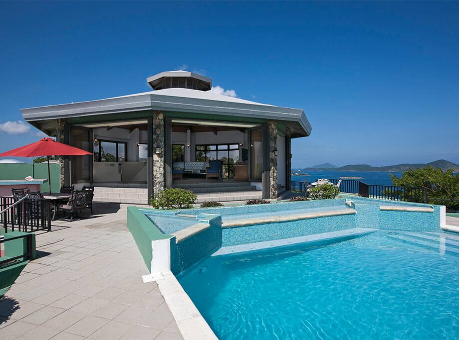 Three Water Falls follow into the 18' x 24' Swimming Pool