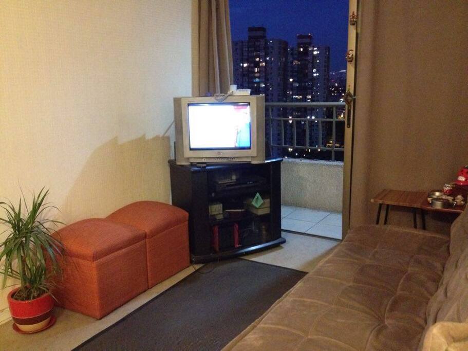 Living, Telelevisión, Futón y Terraza.