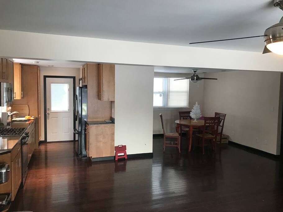 Kitchen with door to backyard and dinning area