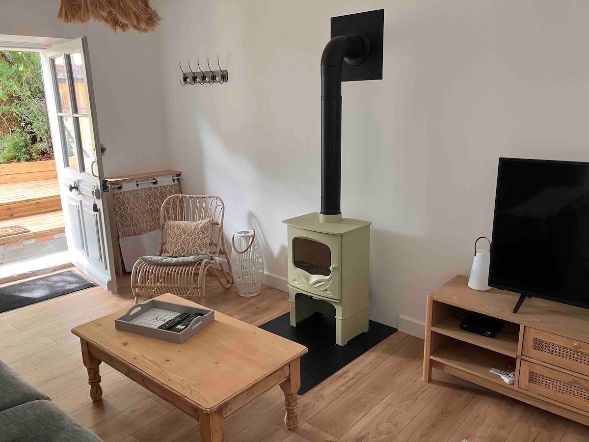 An inviting living space features a light wooden floor, a compact green stove, and a television on a light wood media unit. A natural wicker chair complements the minimalistic decor. An open door leads to an outdoor area, enhancing the connection to nature.