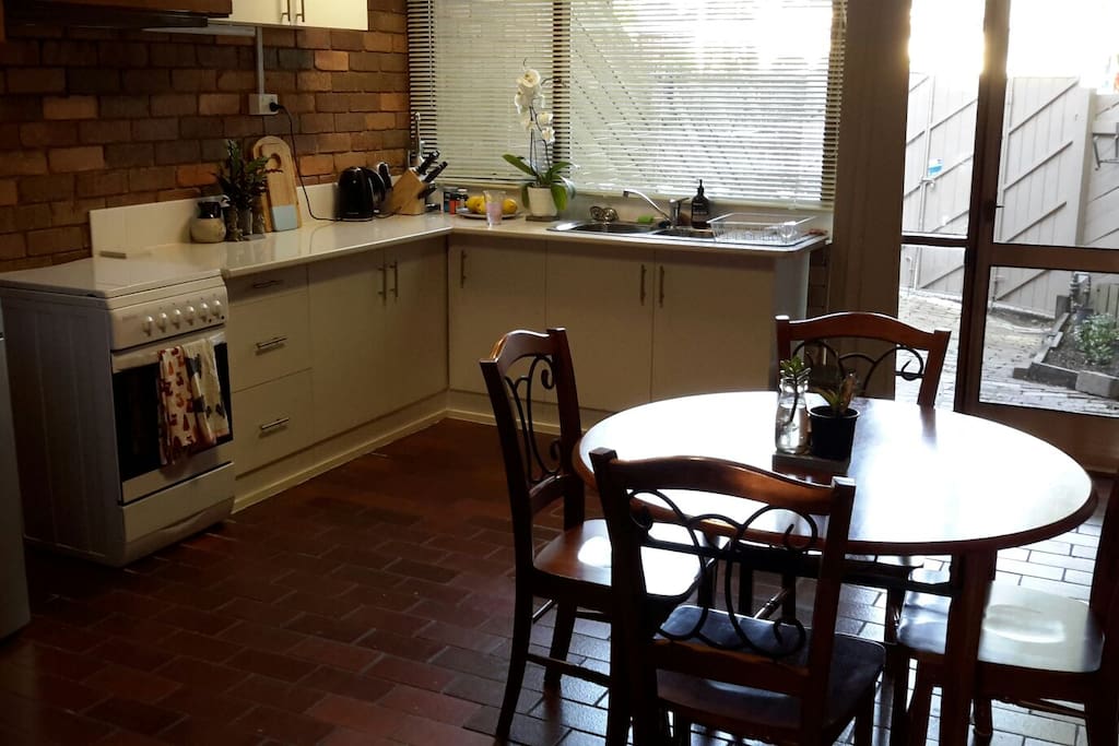 kitchen and meals area, cafe and tea offered for you to start your day and you are very welcome to cook your own meals.