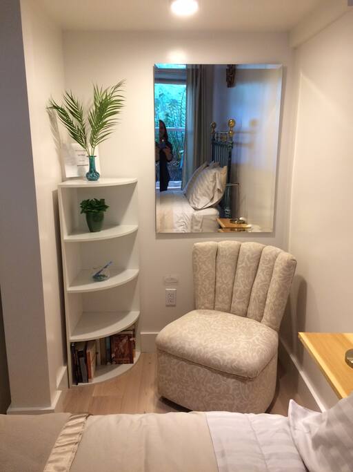 Bedroom seating and corner nook shelf