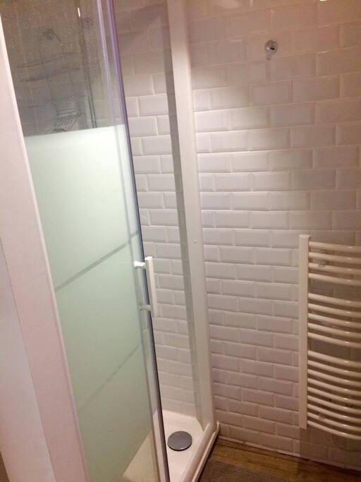 Salle de bain avec douche et toilettes