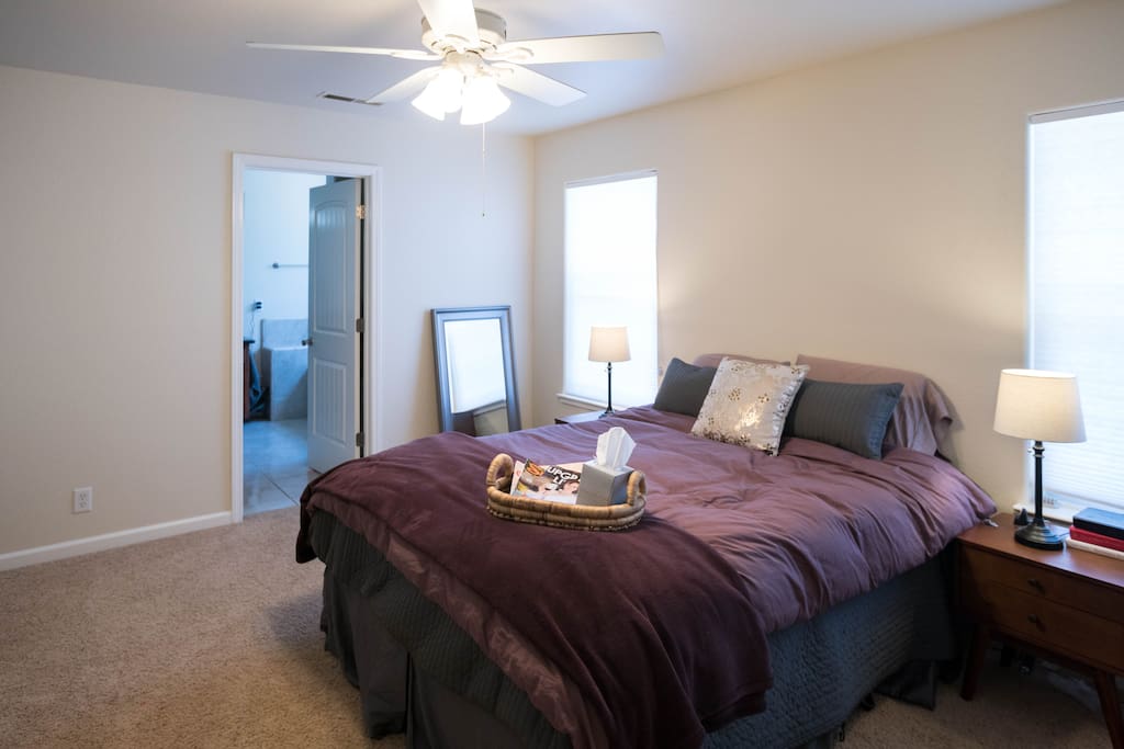 Master bedroom, comfy queen bed and private bathroom.