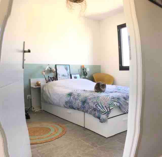A bright bedroom is observed, featuring a spacious bed adorned with a colorful patterned blanket. A small side table holds framed artwork. A comfortable chair is positioned nearby, with a cat resting on the bed. The room has neutral walls and a textured floor.