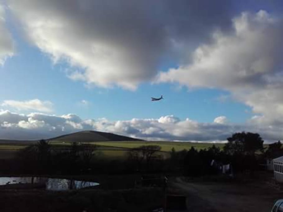 views from Brynhaul with a Lancaster bomber flying over