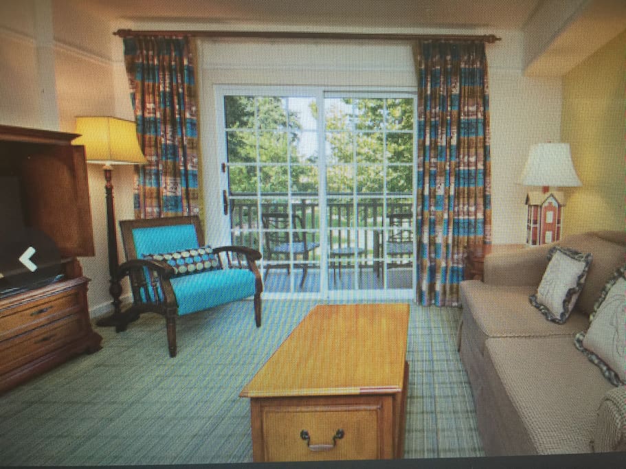 Living areas with a balcony and sleeper sofa sleeps 2