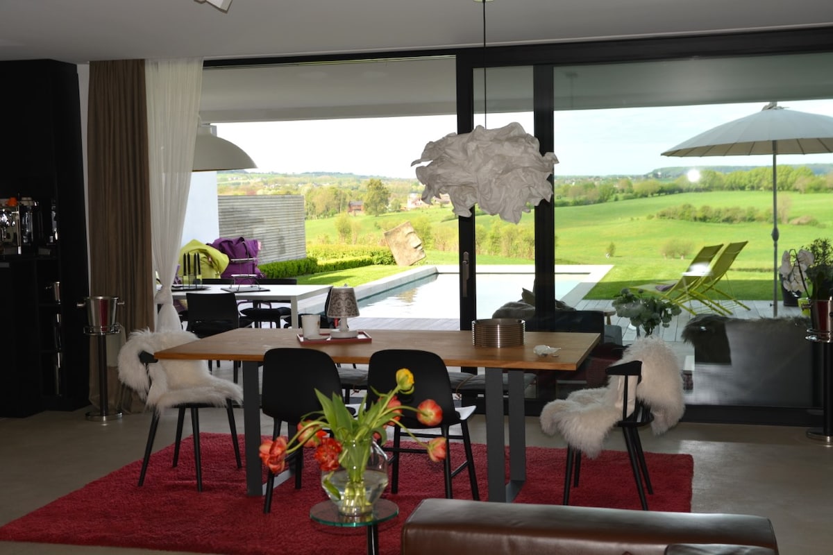 A dining area features a wooden table surrounded by black chairs accentuated with sheepskin covers. In the background, sliding glass doors open to a view of lush green fields and a patio with two sun loungers. Natural light brightens the space, complemented by a decorative pendant light.